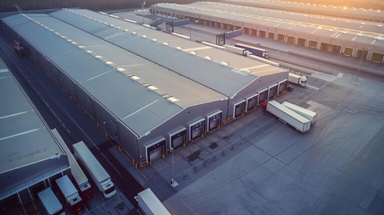 Centro logístico com galpões, docas de carga e caminhões no setor imobiliário industrial.