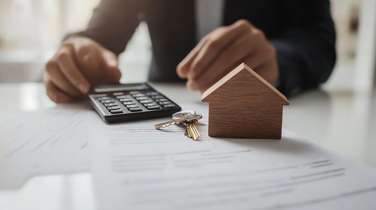 Pessoa utilizando calculadora ao lado de uma maquete de casa e chaves, representando investimentos no ramo imobiliário.